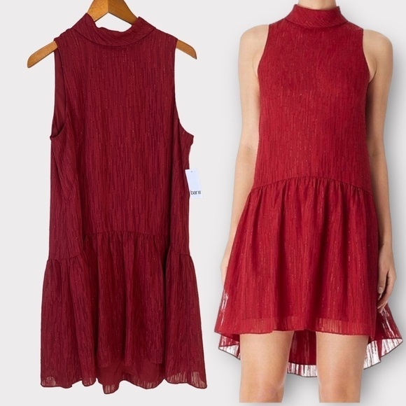𝅺NWT Bar III Dress Garnet Red Sheath Mock Neck High Low Shimmer Sz 14 - Picture 1 of 16